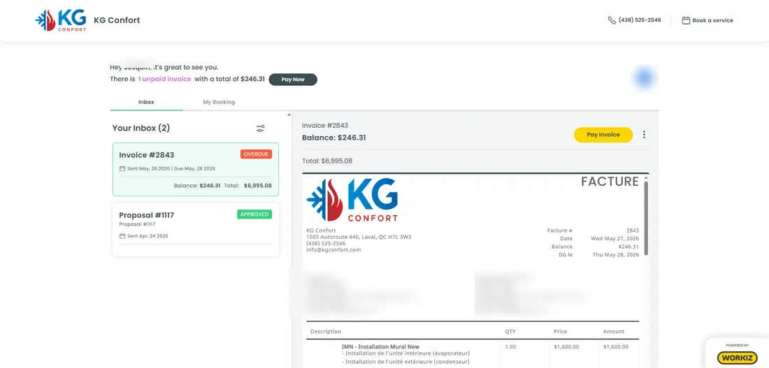 Portail client KG Confort affichant la facture à payer